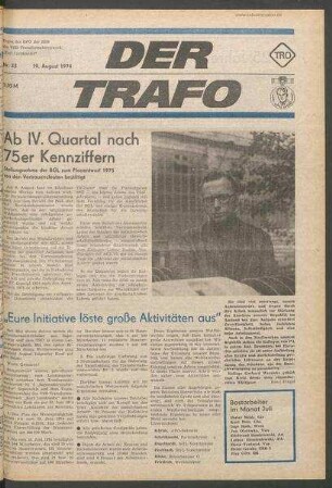 TRO-Betriebszeitung 'Der Trafo'; Nr. 33/1974 (19. August 1974)
