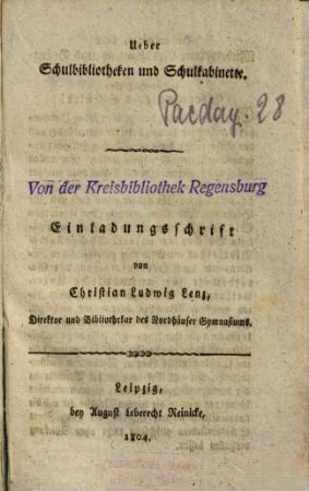 Ueber Schulbibliotheken und Schulkabinette : Einladungsschrift