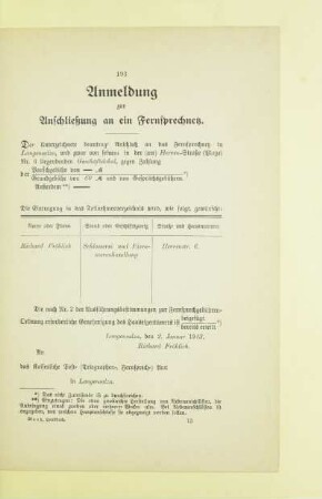 Anmeldung zur Anschließung an ein Fernsprechnetz
