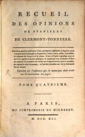 Recueil Des Opinions De Stanislas De Clermont-Tonnerre, 4