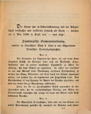 Hamburgische Seemannsordnung, revidirt in Gemäßheit Buch 5 Titel 4 des