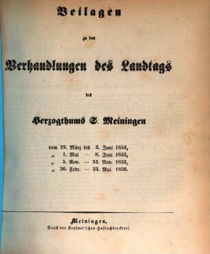Verhandlungen des Landtags von Sachsen-Meiningen. Beilagen, 1854/56