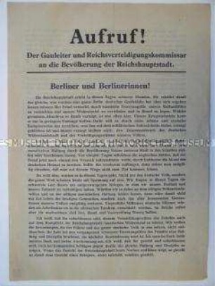 Aufruf von Goebbels an die Berliner Bevölkerung zum Verhalten bei Luftangriffen