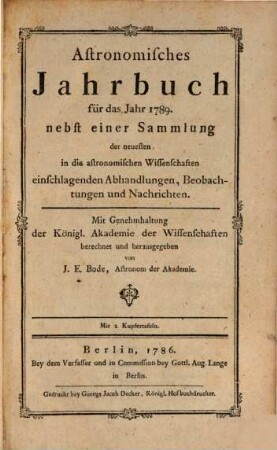 Astronomisches Jahrbuch. 1789, 1789 (1786)