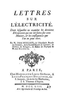 [1]: Lettres Sur L'Électricité .... [1]