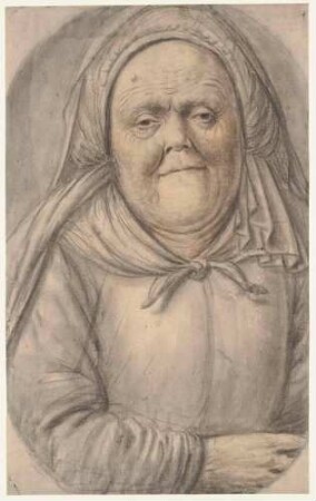 Bildnis einer dicken, alten Frau und grauer Haube