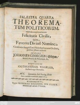 Palaestra Quarta Theorematum Politicorum, exhibens continuationem Felicitatis Civilis,