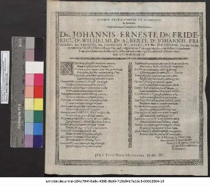 Carmen Gratulatorium Et Eucharistikon In Honorem Illustrissimorum Principum ac Dominorum. Dn. Johannis Ernesti, Dn. Friderici. Dn. Wilhelmi, Dn. Alberti, Dn. Johannes Friderici, Dn. Ernesti, Dn. Friderici Wilhelmi, Et Dn. Bernhardi, Fratrum Germanorum, Saxoniae ... Ducum ... Dominorum suorum Clementissimorum