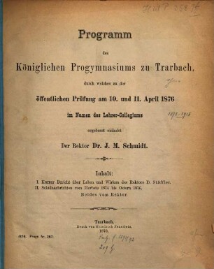 Programm des Königlichen Progymnasiums zu Trarbach : über das Schuljahr .... 1875/76