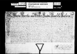 Kaiserin Maria Theresia bestätigt auf Bitten des Fürsten Karl Thomas zu Löwenstein, Wertheim dessen Familien-Fideikommiss in Böhmen.