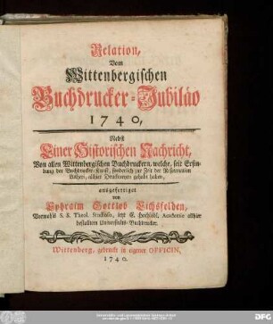 Relation, Vom Wittenbergischen Buchdrucker-Jubiläo 1740