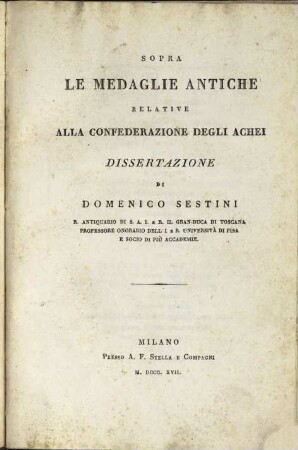 Sopra le medaglie antiche relative alla confederazione degli Achei dissertazione
