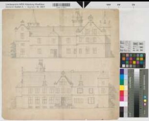 Crollage (Preußisch Oldendorf) Erweiterung des Hauses Crollage Ansichten (1883) 1 : 100 46,5 x 49,5 Bleistiftzeichnung Wilert? Ledebur-Crollage K Nr. 8