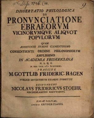 Diss. philol. de pronunciatione Ebraeorum vicinorumque aliquot populorum