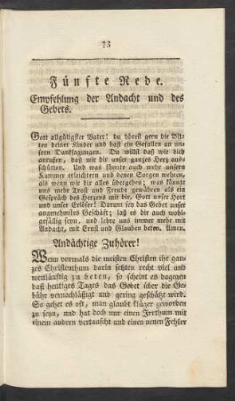 Fünfte Rede. Empfehlung der Andacht und des Gebets