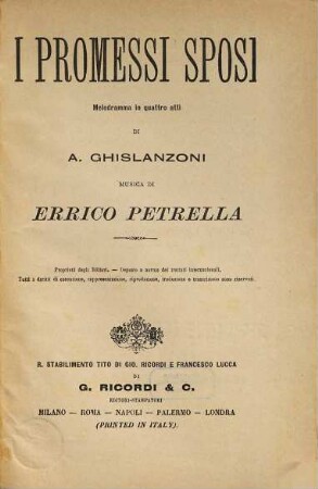 I promessi sposi : melodramma in quattro atti