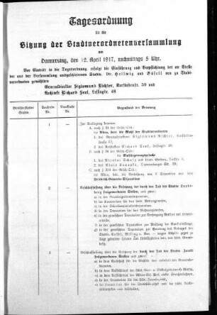 Anlage: Tagesordnung für die Sitzung, 7. April 1917