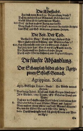 Die fünfte Abhandlung. Der Schauplatz bildet ab der Agrippinen Schlaff-Gemach.