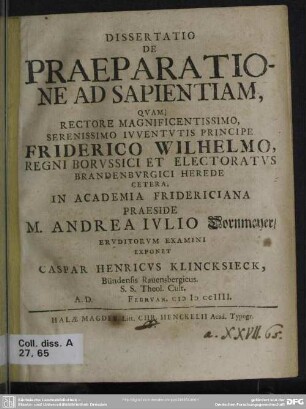 Dissertatio De Praeparatione Ad Sapientiam