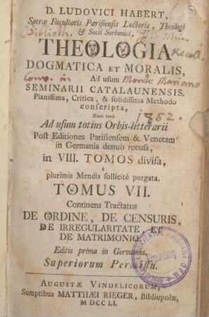 7: De ordine, De Censuris, De Irregularitate, et De Matrimonio