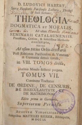 7: De ordine, De Censuris, De Irregularitate, et De Matrimonio