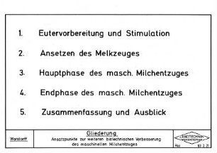Gliederung (Ansatzpunkte zur weiteren biotechnischen Verbesserung des maschinellen Milchentzuges)