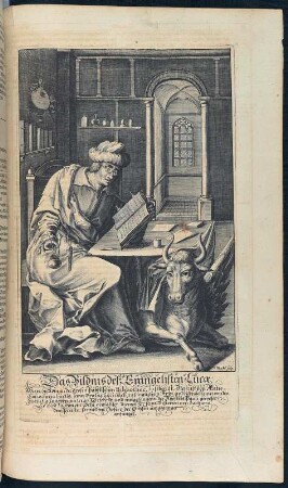 Das Bildnis deß Evangelisten Johannis. Kupferstich nach Seite 124 (Neues Testament) aus: Biblia, Das ist Die gantze Schrifft, Altes vnd [und] Newes Testaments Teutsch D. Martin Luthers : von etlichen reinen Theologen, dem eigentlichen Wortverstand nach erkläret .... ... Bericht von der Vergleichung der Jüdischen vnd [und] Biblischen Monden, Maß, Gewicht vnd [und] Müntz mit den Vnserigen [Unserigen] : ... Beschreibung der Stadt Jerusalem ... Landtafeln ... Bericht von der Augspurgischen Confession sambt den Artickeln der Confession selbsten, wie sie in dem rechten Original, som im Jahr 1530. Kaiser Carl dem Fünfften überantwort worden ... . Nürnberg : Endter, 1652 [erschienen] 1653 Dresden: SLUB Mscr.Dresd.g.30.m