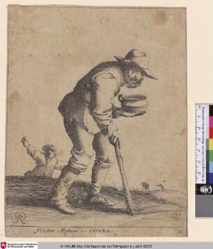 [Ein Bettler mit Stock; A male beggar with a crutch in foreground, seen in profile and walking towards right, holding a bowl in his left hand, a man with raised arms running towards him from left background, other beggars seen in the distance]