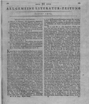 [Sammelrezension dreier medizinischer Schriften] Rezensiert werden: 1. Rust, J. N.: Die ägyptische Augenentzündung unter der Königl. Preuss. Besatzung in Mainz. Ein Beitrag zur näheren Kenntniss und Behandlung dieser Augenkrankheitsform. Berlin: Reimer 1820 2. Baltz, T. F.: Die Augenentzündung unter den Truppen in den Kriegsjahren 1813 bis 1815. Oder die Ophthalmia catarrhalis bellica nosologisch-therapeutisch abgehandelt. Berlin: Nicolai 1816 3. Actenstücke über die contagiöse Augenentzündung. Auf Veranlassung des Ministeriums der geistlichen Unterrichts- und Medicinal-Angelegenheiten herausgegeben. Slg. 1. Berlin: Reimer 1822