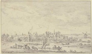 Am Wasser ein Dorf, vorn Hirten mit Vieh, auf dem Wasser ein Kahn, rechts eine Windmühle