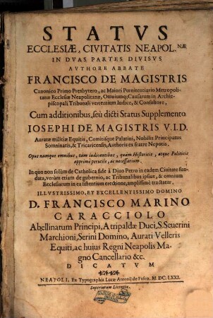 Status ecclesiae civitatis Neapolitanae in duas partes divisus