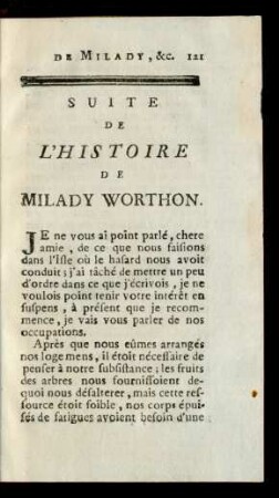 Suite De L'Histoire De Milady Worthon.