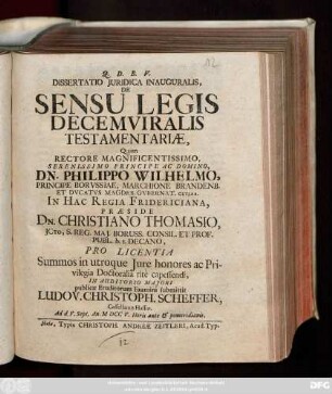 Dissertatio Juridica Inauguralis, De Sensu Legis Decemviralis Testamentariæ