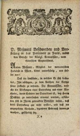 D. Meßmers Beschwerden und Vorstellung an das Parlament zu Paris, wider den Bericht der königlichen Kommissäre vom Thierischen Magnetismus : Samt einem Schreiben an Herrn Grafen C.
