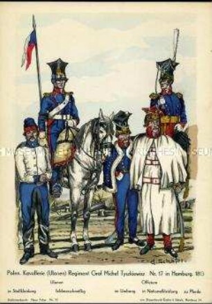 Uniformdarstellung, Gemeine und Offiziere des Ulanen-Regiments "Graf Tyszkiewisz" Nrr. 17, Königreich Polen, 1813.