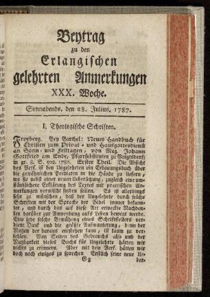XXX. Woche. Sonnabends, den 28. Julius. 1787.