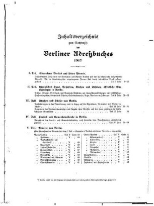 Inhaltsverzeichnis zum Nachtrag des Berliner Adreßbuches 1917