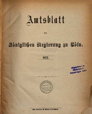 Amtsblatt für den Regierungsbezirk Köln. 1872, 1872