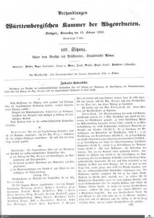 107. Sitzung, Stuttgart, 19.2.1852