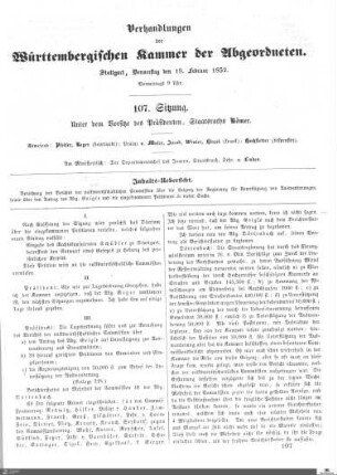 107. Sitzung, Stuttgart, 19.2.1852
