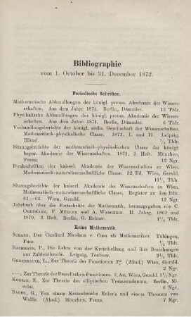 Bibliographie vom 1. October bis 31. December 1872.
