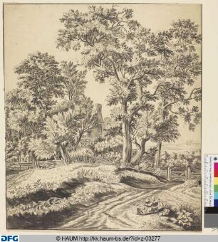 Landschaft mit Bäumen und am Wegesrand rastender Familie
