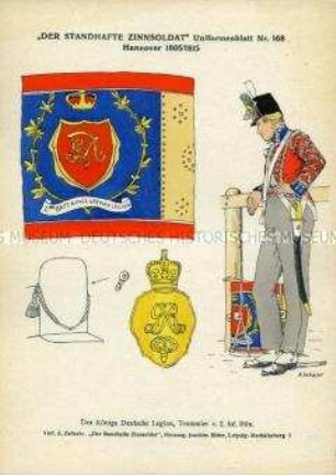 Uniformdarstellung, Tambour des 2. Infanterie-Bataillons der Deutschen Legion, Details der Abzeichen, Hannover, 1805/1815.