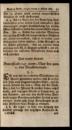 Das neunte Kapitel. Betreffend 1747. vom 1. May bis zum 11. des Brachmonats