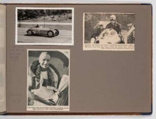 Albumseite mit Zeitungsausschnitten und Foto von einem Autorennen : Fotoalbum zum Rennsport in der DDR ab 1951. Kartoneinband mit Kordelbindung; 24,5 x 35 x 2 cm (1951). Dresden: SLUB/DF 2017.D.39