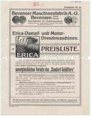 Preisliste der Erica-Dampf- und Motor-Dreschmaschinen