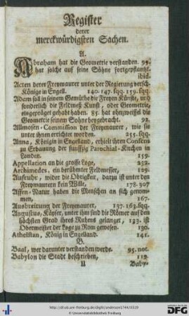 Register derer merckwürdigsten Sachen.