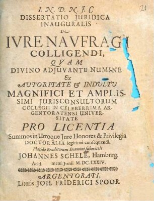 Dissertatio Iuridica Inauguralis De Iure Naufragii Colligendi