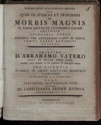 Dissertatio Inavgvralis Medica Qva Qvid In Ivdicio Et Prognosi De Morbis Magnis : Ex Parvis Initiis Et Levioribvs Cavssis Orivndis Observari Debet Exemplo Viri Antegresso Lapsv In Genva Lenta Febre Extincti Docetvr