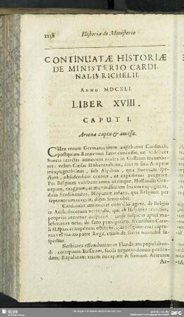 Continuatae Historiae De Ministerio Cardinalis Richelii. Anno MDCXLI. Liber XVIII